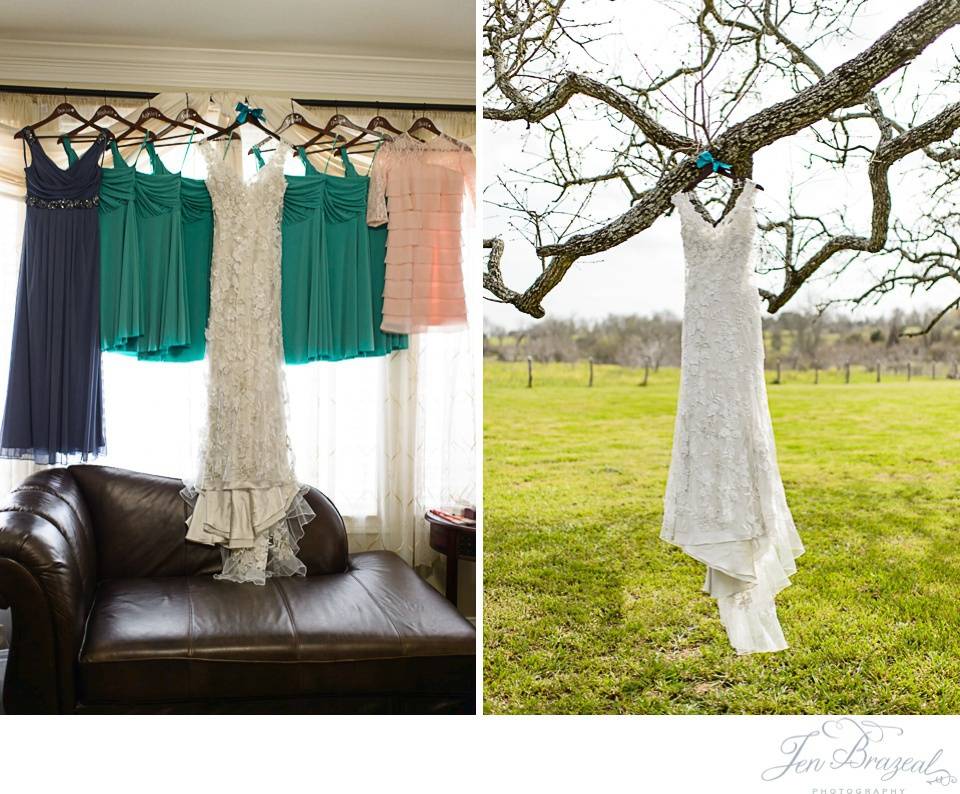 wedding dress hanging from tree