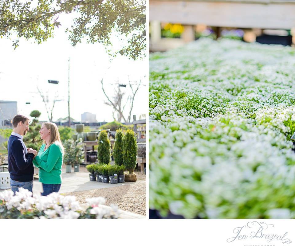 couple laughing in plant nursery during engagement shoot