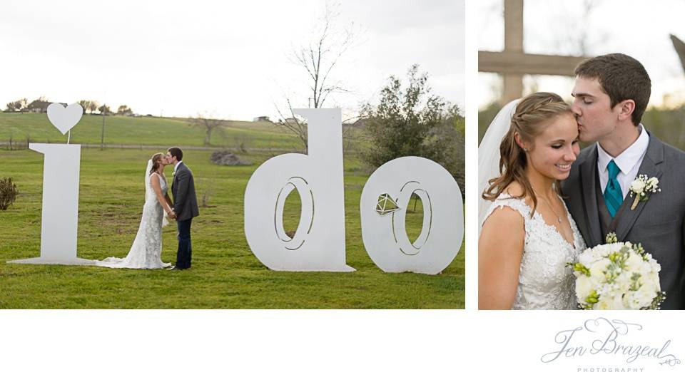 teresa and Jake's wedding in front of large 'I Do' letters