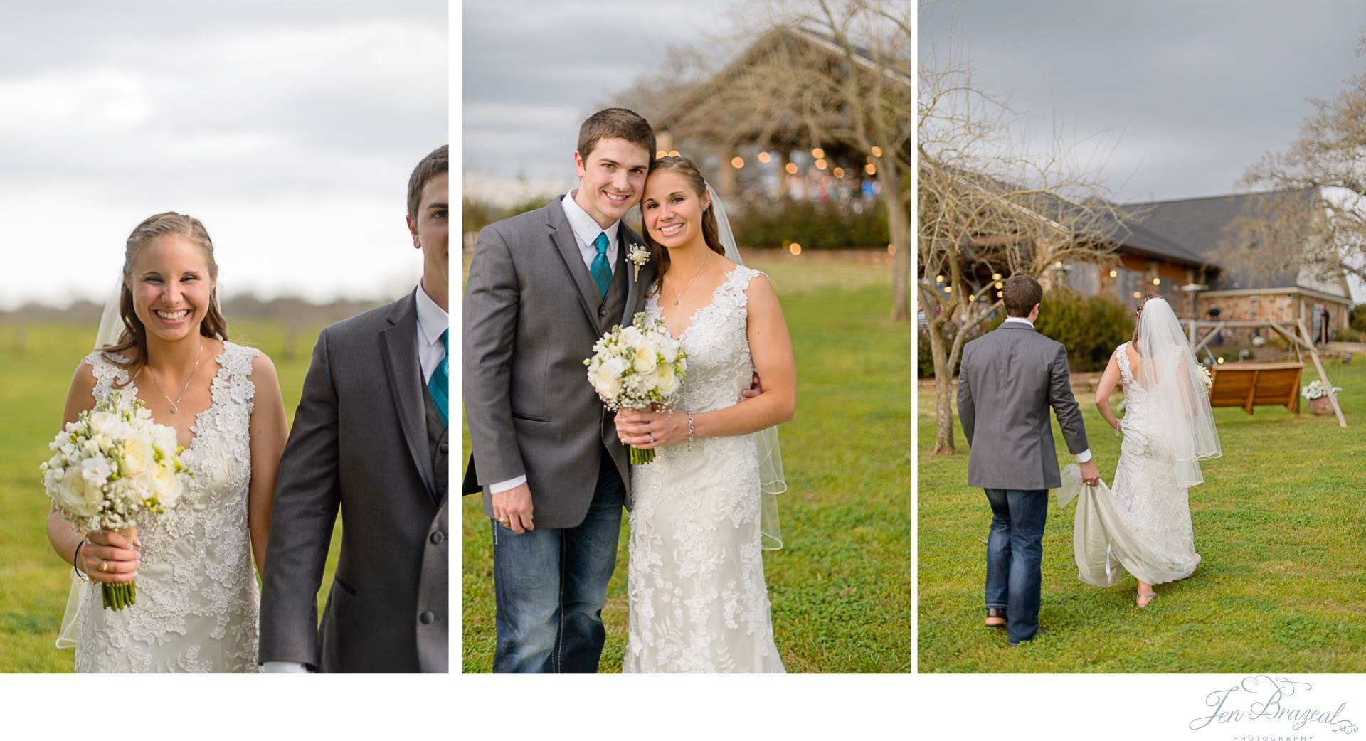 bride and groom in front of double creek crossing wedding venue